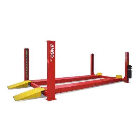 Red four-post vehicle lift with twin runways