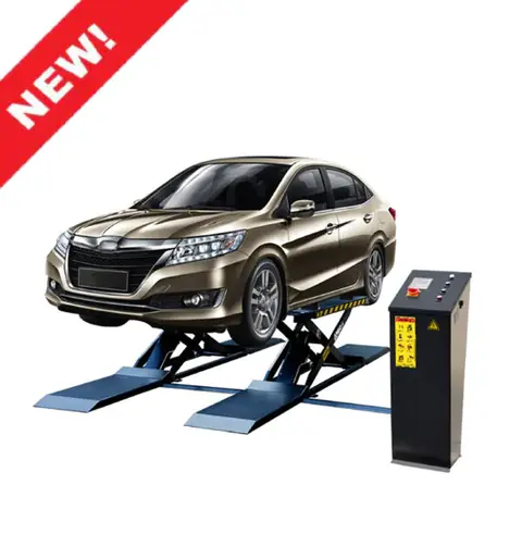 Car raised on a scissor lift with a separate control unit