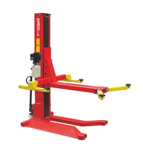 Red single-post lift with adjustable yellow arms