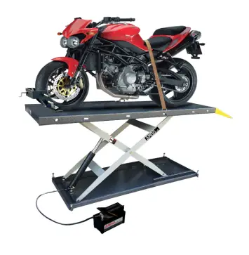 Motorcycle raised on a specialty platform lift